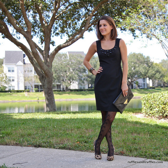 little black dress with patterned tights and leopard shoes - Helpful  Homemade