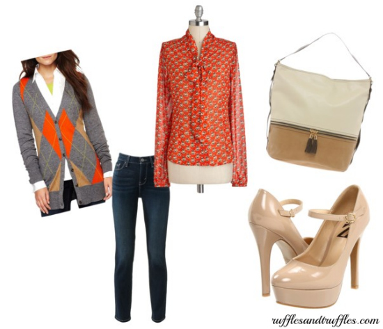 argyle and tie neck blouse outfit