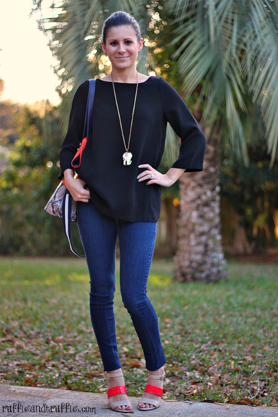 black tunic and neon shoes outfit