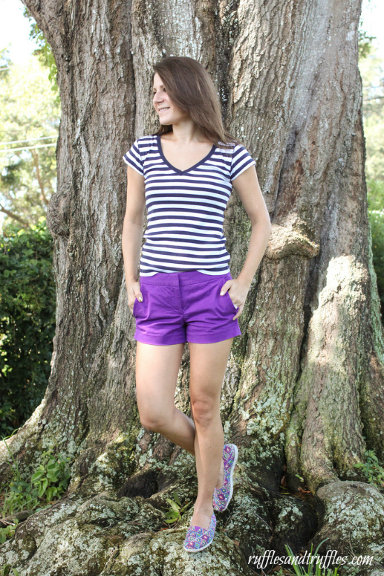 Cushe shoes purple shorts stripe shirt outfit