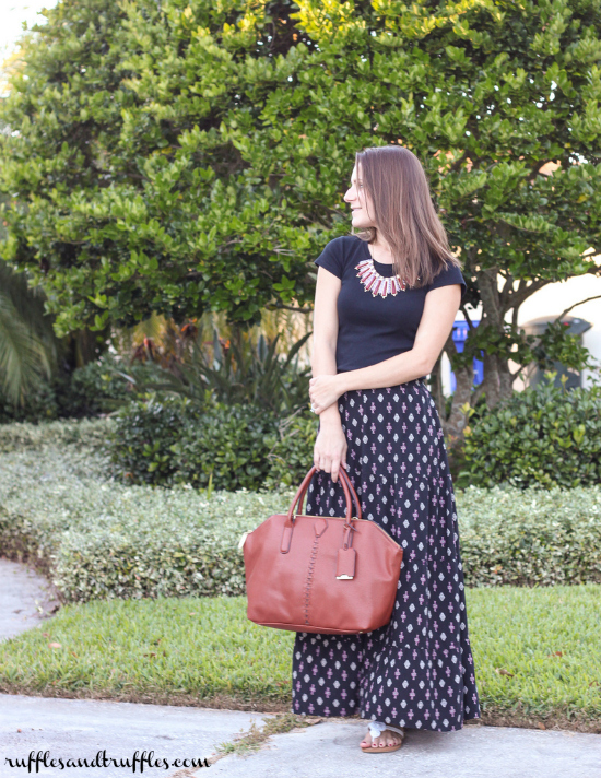 patterned maxi skirt outfit