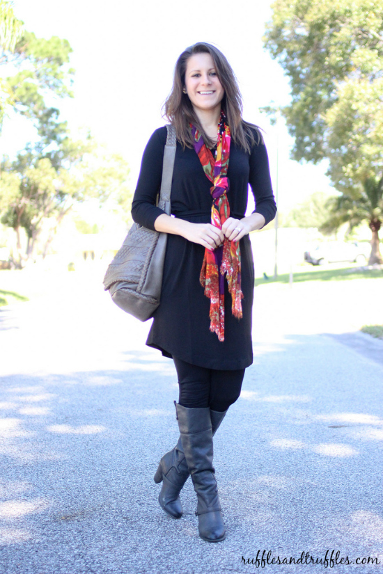 black tunic and scarf outfit