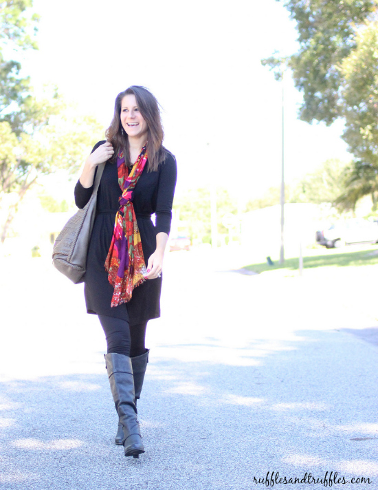 black tunic and scarf outfit