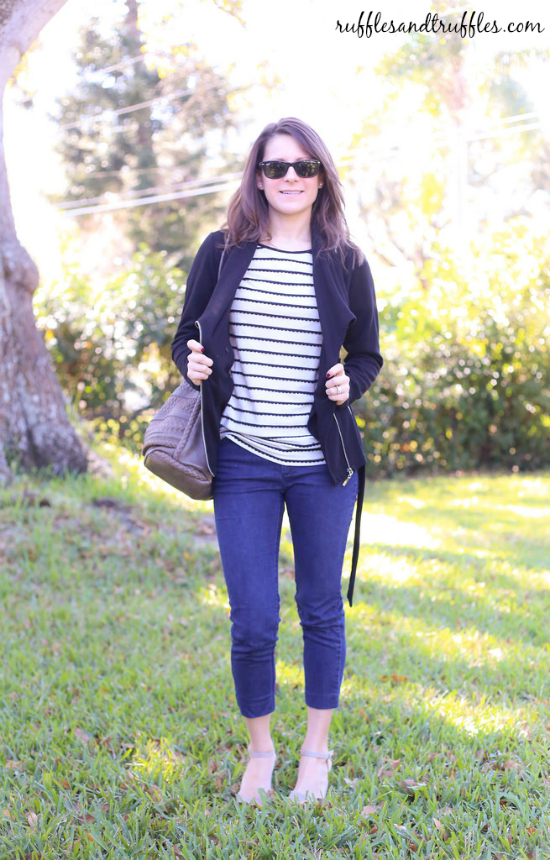 scalloped trim tee shirt outfit