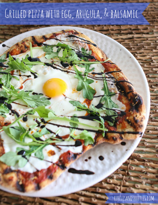 Grilled pizza with egg arugula and balsamic