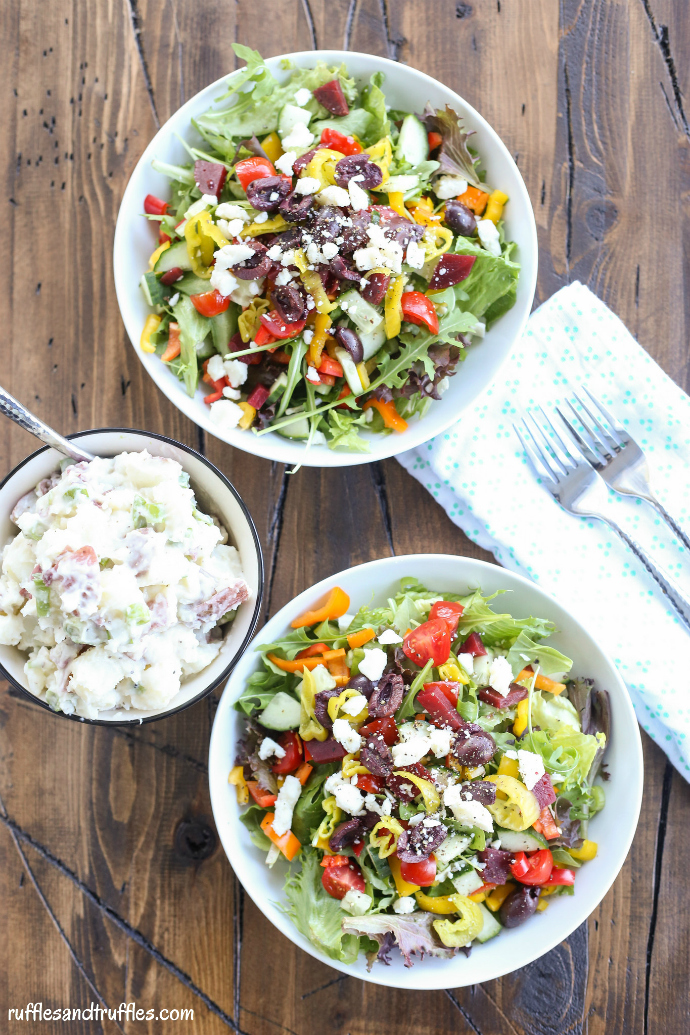 Greek salad with potato salad