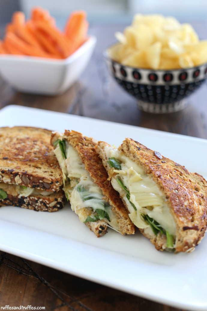 Grilled Cheese with Caramelized Onions, Spinach, and Artichokes