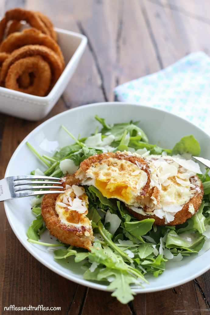 Onion Ring Fried Eggs with Arugula Salad