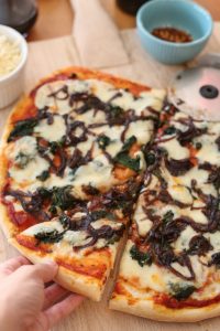 Roasted Garlic and Spinach Pizza with Balsamic Onions