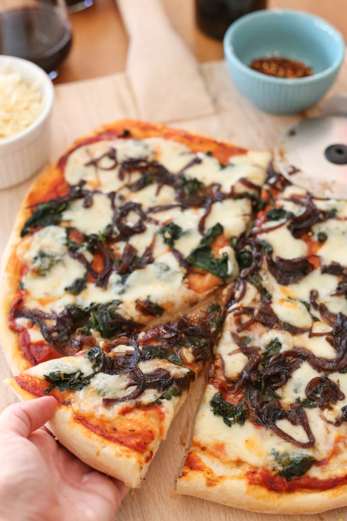 Roasted Garlic and Spinach Pizza with Balsamic Onions
