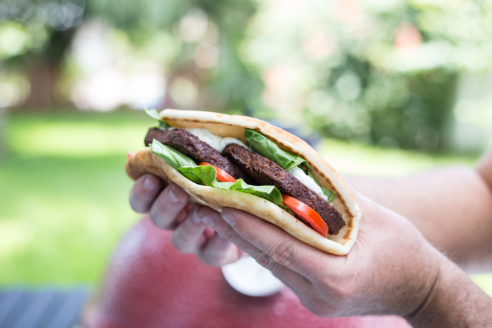 Greek inspired veggie burger pita sandwiches