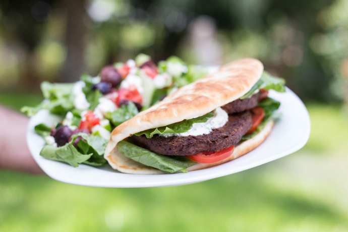 Greek inspired veggie burger pita sandwiches