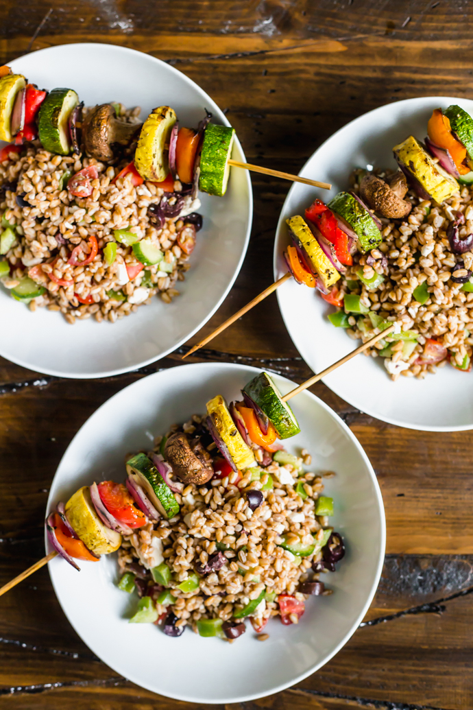 Farro Pasta Salad with Grilled Vegetable Skewers