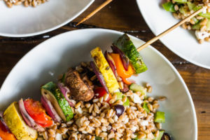 Farro Pasta Salad with Grilled Vegetable Skewers